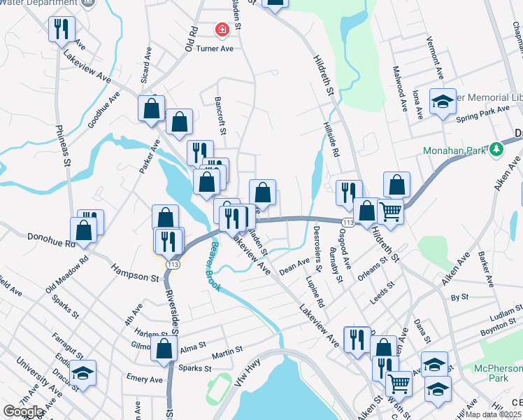 map of restaurants, bars, coffee shops, grocery stores, and more near 30 Clark Avenue in Dracut