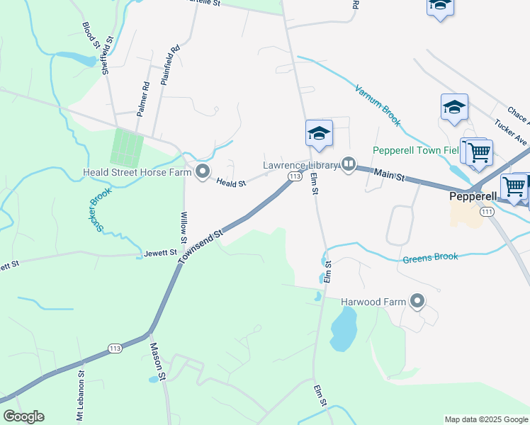 map of restaurants, bars, coffee shops, grocery stores, and more near 23 Townsend Street in Pepperell