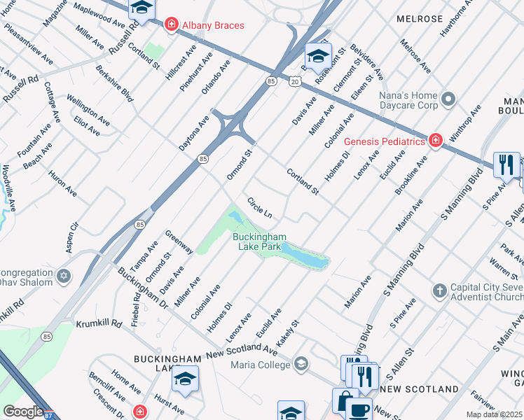 map of restaurants, bars, coffee shops, grocery stores, and more near 9 Circle Lane in Albany