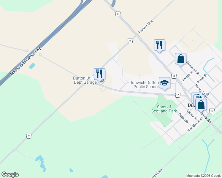 map of restaurants, bars, coffee shops, grocery stores, and more near 11054 Miller Road in Dutton