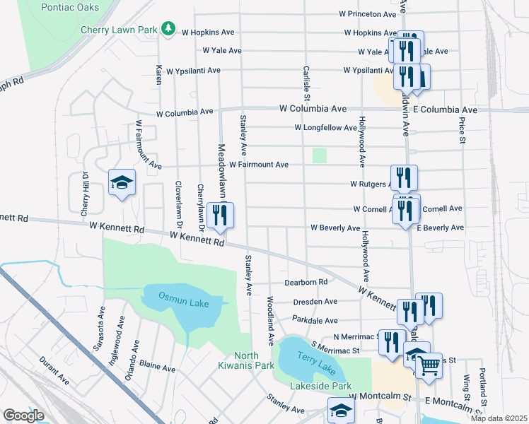 map of restaurants, bars, coffee shops, grocery stores, and more near 243 West Cornell Avenue in Pontiac