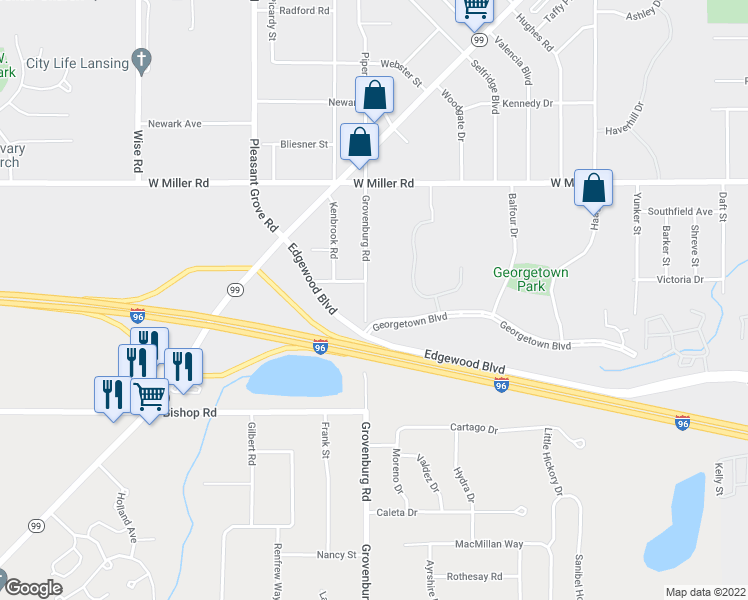 map of restaurants, bars, coffee shops, grocery stores, and more near 6315 Grovenburg Road in Lansing