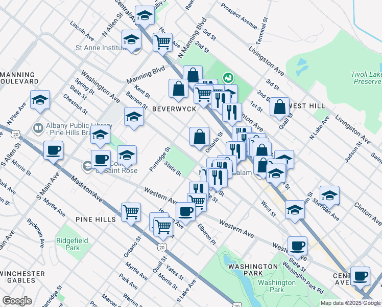 map of restaurants, bars, coffee shops, grocery stores, and more near 59 Benson Street in Albany