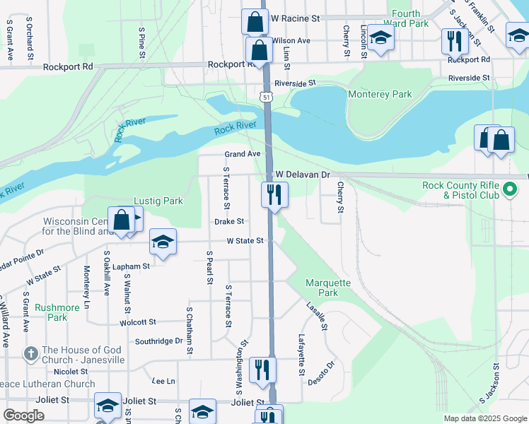 map of restaurants, bars, coffee shops, grocery stores, and more near 1050 Center Avenue in Janesville