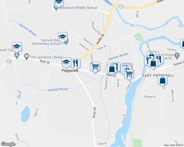 map of restaurants, bars, coffee shops, grocery stores, and more near 71 Main Street in Pepperell