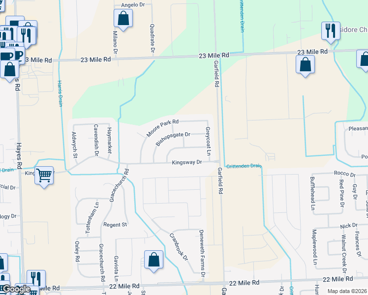 map of restaurants, bars, coffee shops, grocery stores, and more near 16300 Shaftesbury Lane in Macomb