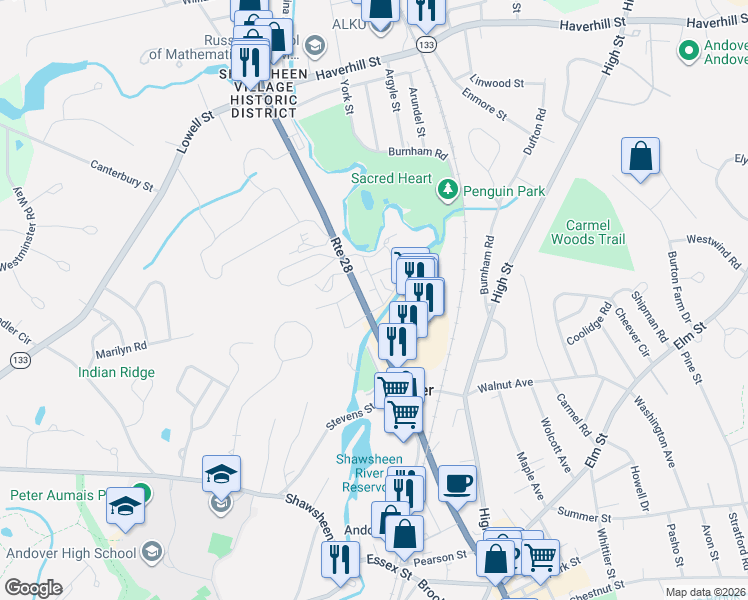 map of restaurants, bars, coffee shops, grocery stores, and more near 217 North Main Street in Andover
