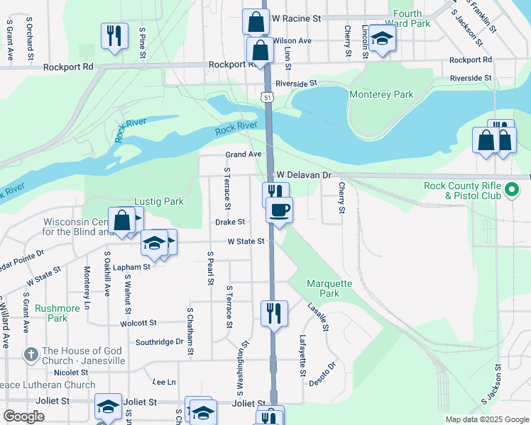 map of restaurants, bars, coffee shops, grocery stores, and more near 1050 Center Avenue in Janesville