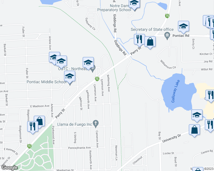 map of restaurants, bars, coffee shops, grocery stores, and more near 993 Kettering Avenue in Pontiac