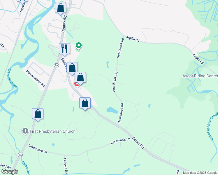 map of restaurants, bars, coffee shops, grocery stores, and more near 33 Heartbreak Road in Ipswich