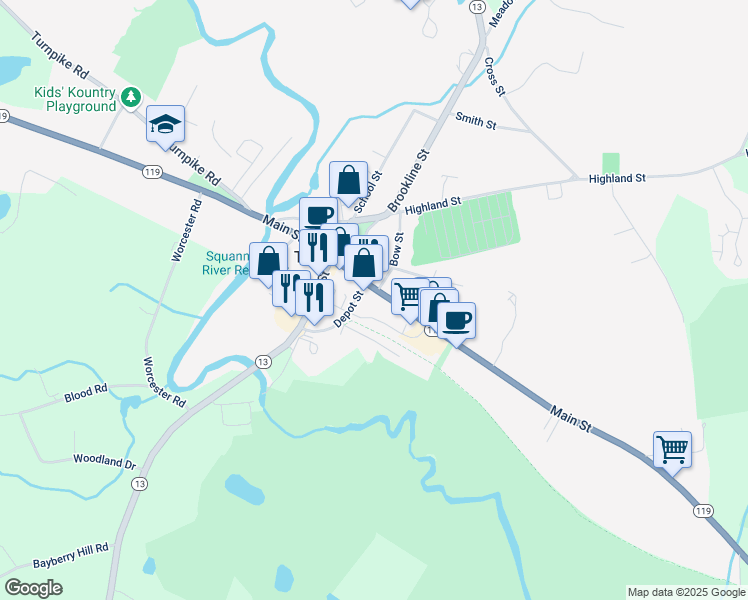 map of restaurants, bars, coffee shops, grocery stores, and more near 238 Main Street in Townsend