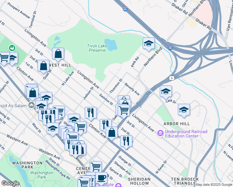 map of restaurants, bars, coffee shops, grocery stores, and more near 58 Thornton Street in Albany