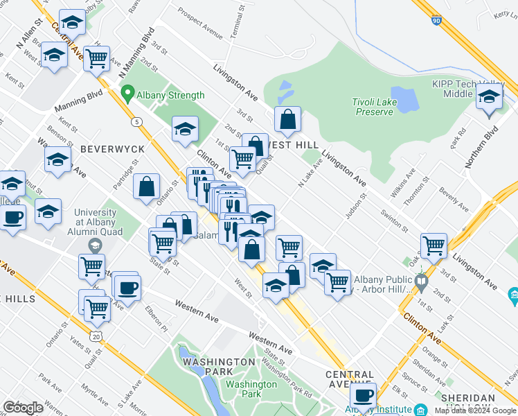 map of restaurants, bars, coffee shops, grocery stores, and more near 585 Clinton Avenue in Albany