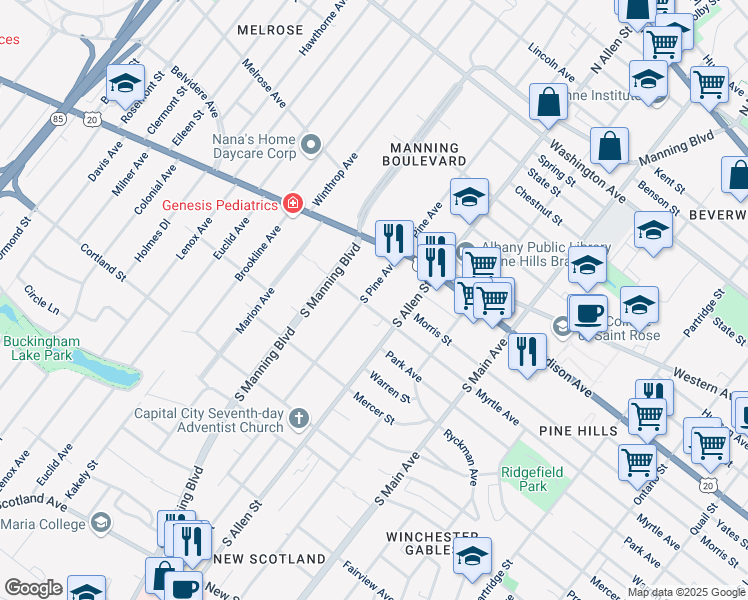 map of restaurants, bars, coffee shops, grocery stores, and more near 945 Myrtle Avenue in Albany