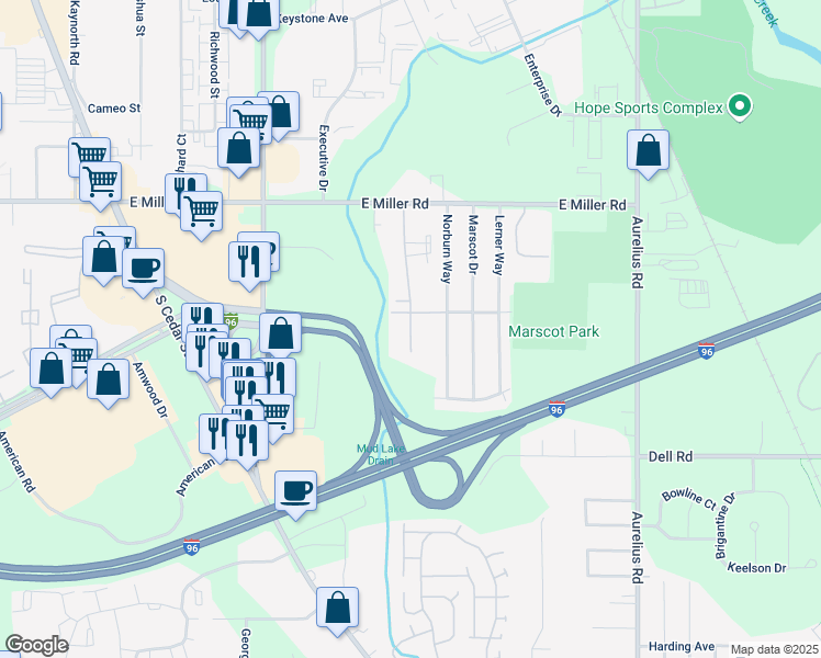 map of restaurants, bars, coffee shops, grocery stores, and more near 6256 Beechfield Drive in Lansing