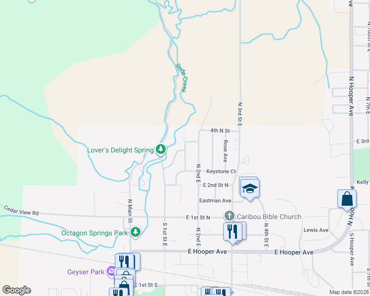 map of restaurants, bars, coffee shops, grocery stores, and more near 350 Monsanto Boulevard in Soda Springs