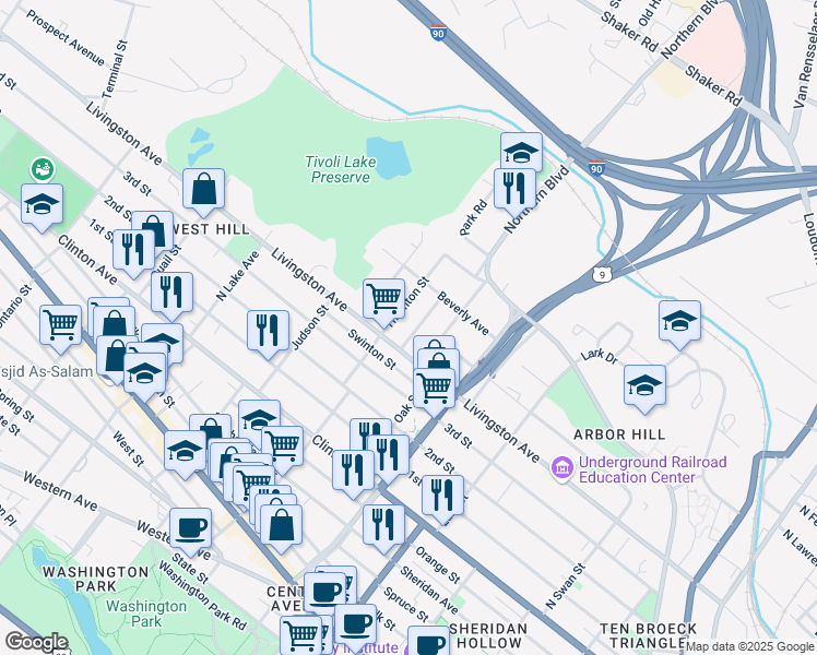 map of restaurants, bars, coffee shops, grocery stores, and more near 58 Thornton Street in Albany