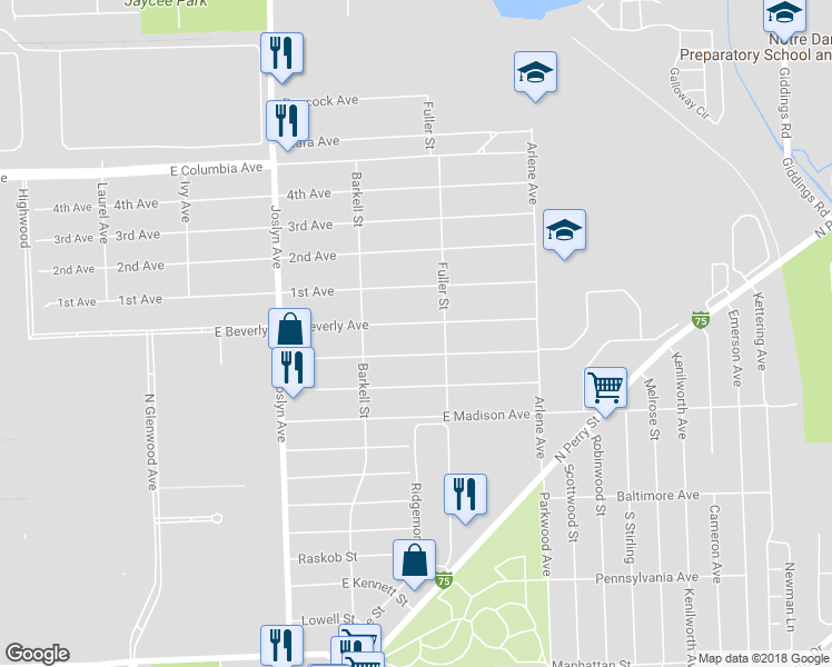 map of restaurants, bars, coffee shops, grocery stores, and more near 674 East Beverly Avenue in Pontiac