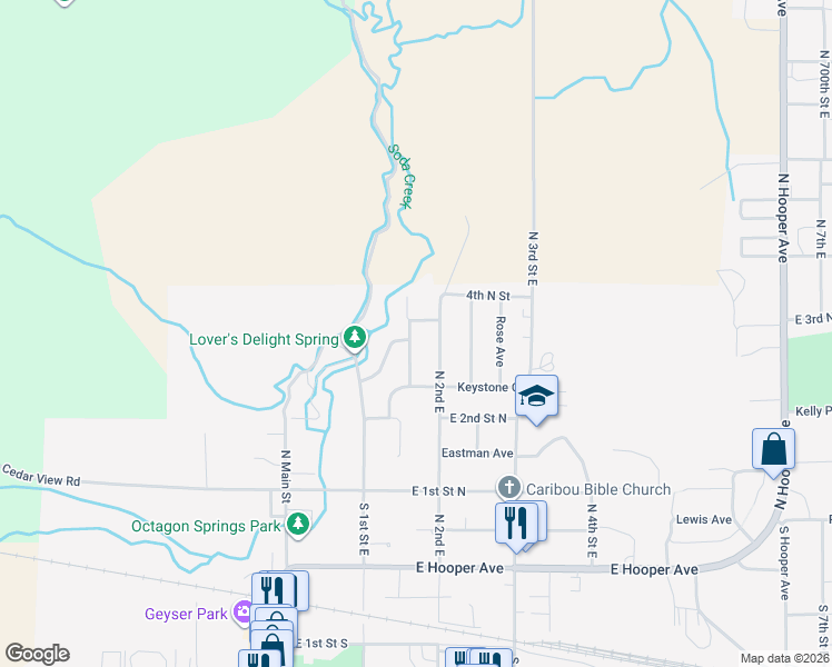 map of restaurants, bars, coffee shops, grocery stores, and more near 380 Monsanto Boulevard in Soda Springs