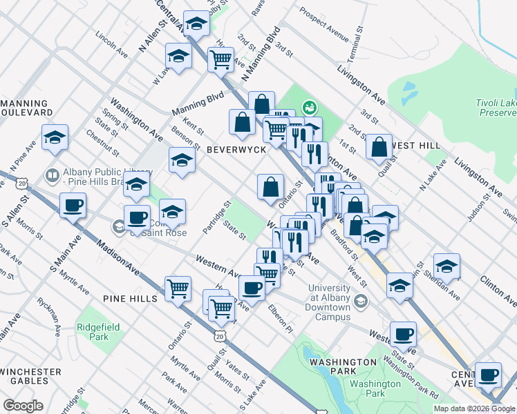 map of restaurants, bars, coffee shops, grocery stores, and more near 569 Washington Avenue in Albany