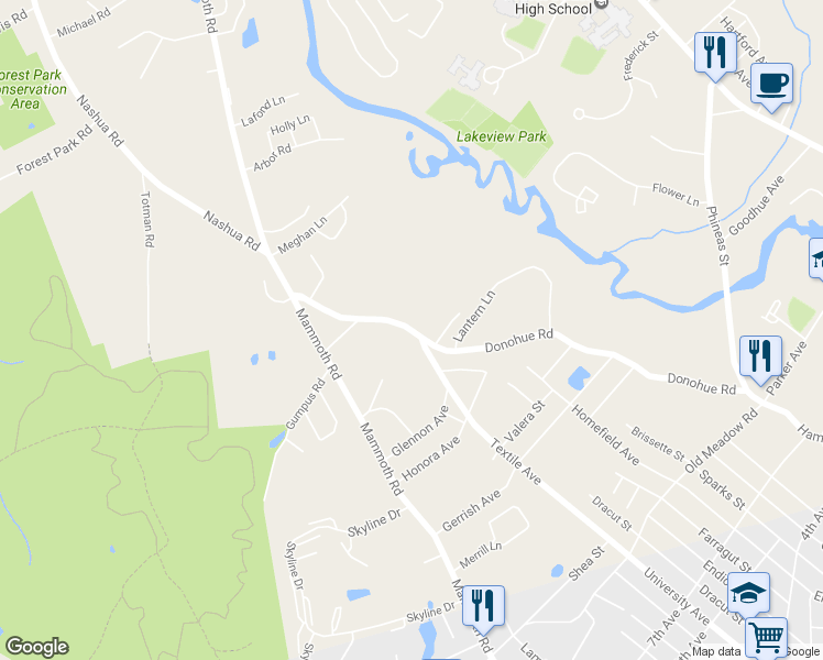 map of restaurants, bars, coffee shops, grocery stores, and more near 285 Donohue Road in Dracut