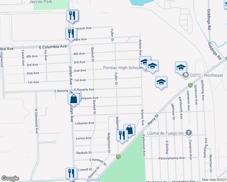 map of restaurants, bars, coffee shops, grocery stores, and more near 694 East Beverly Avenue in Pontiac