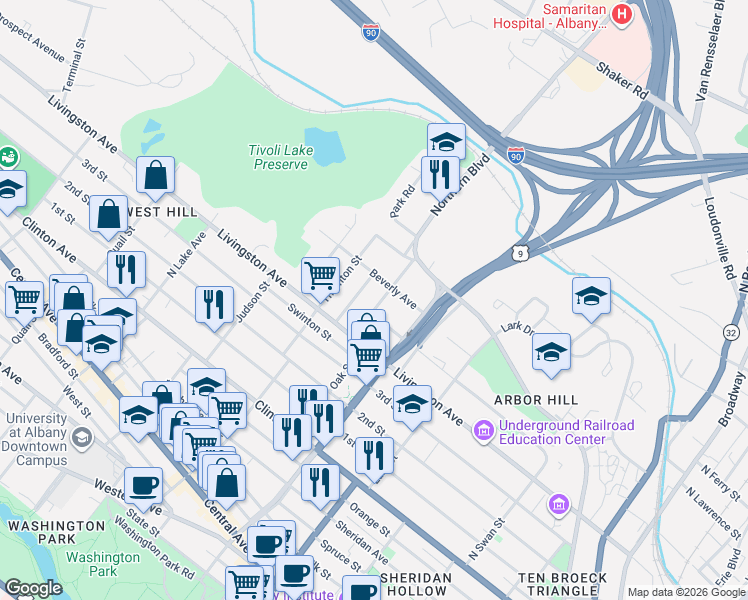 map of restaurants, bars, coffee shops, grocery stores, and more near 29 Mc Ardle Avenue in Albany