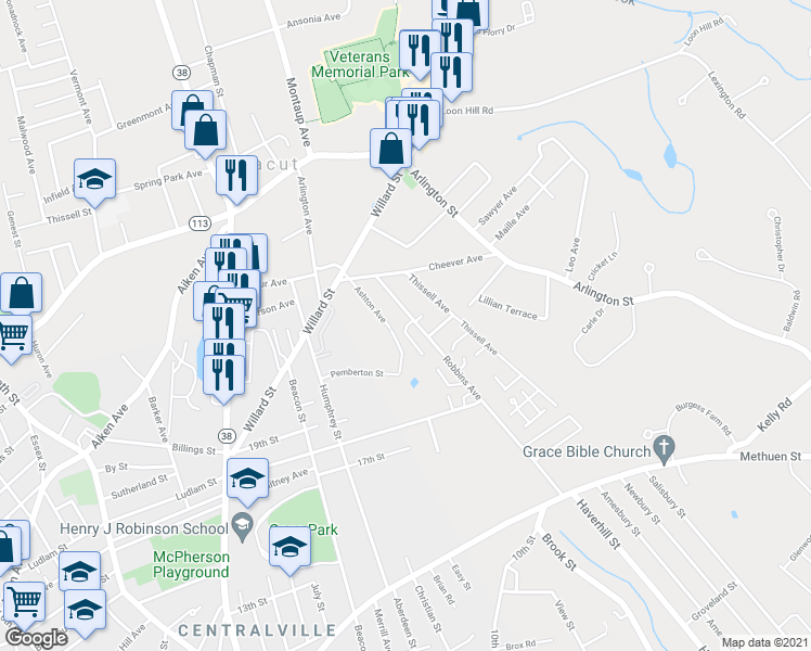 map of restaurants, bars, coffee shops, grocery stores, and more near 700 Robbins Avenue in Dracut