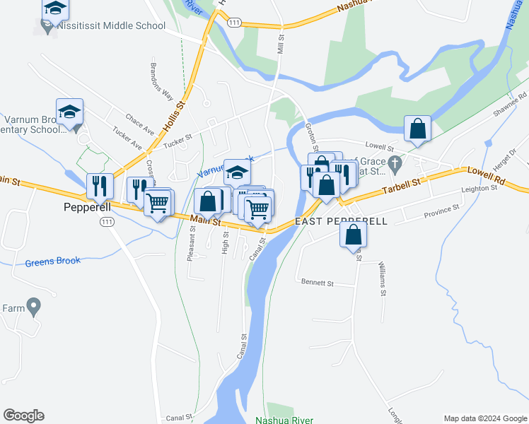 map of restaurants, bars, coffee shops, grocery stores, and more near 9 Mill Street in Pepperell