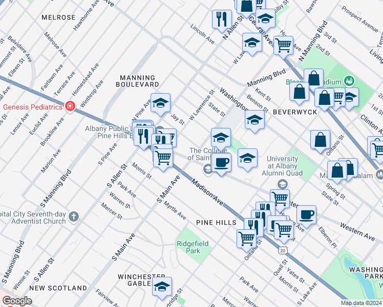map of restaurants, bars, coffee shops, grocery stores, and more near in Albany
