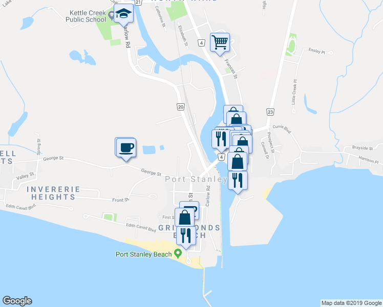 map of restaurants, bars, coffee shops, grocery stores, and more near 210 William Street in Port Stanley