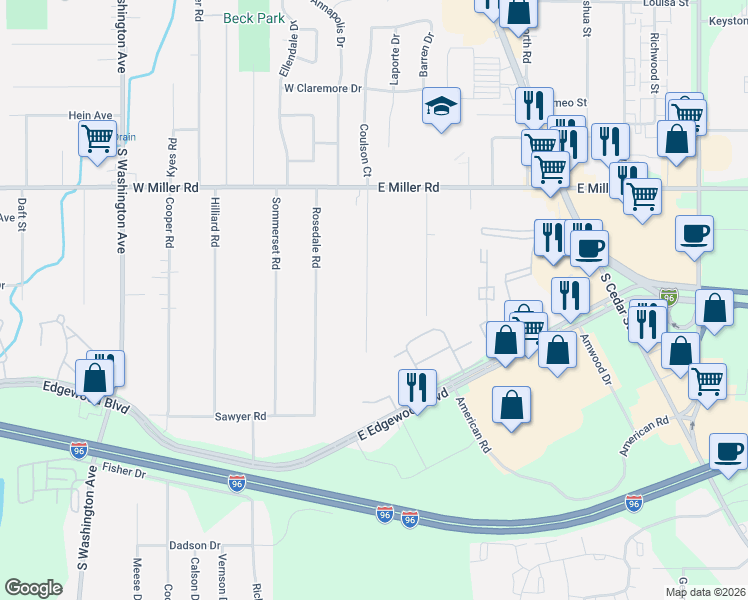 map of restaurants, bars, coffee shops, grocery stores, and more near 6271 Coulson Court in Lansing