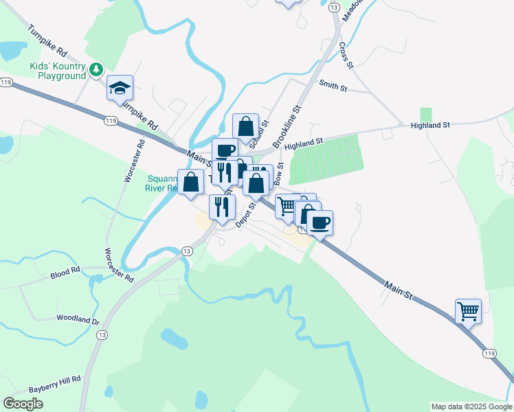 map of restaurants, bars, coffee shops, grocery stores, and more near 238 Main Street in Townsend