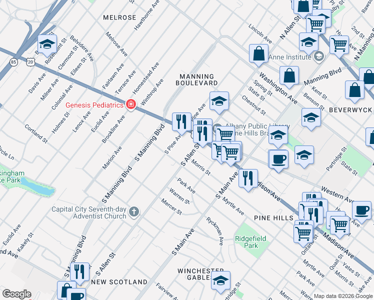 map of restaurants, bars, coffee shops, grocery stores, and more near 29 South Pine Avenue in Albany