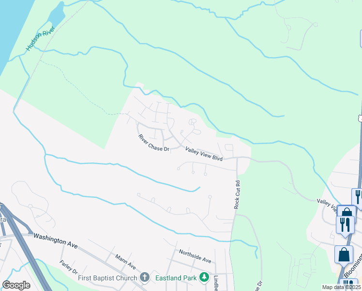 map of restaurants, bars, coffee shops, grocery stores, and more near Valley View Boulevard & River Chase Drive in Rensselaer