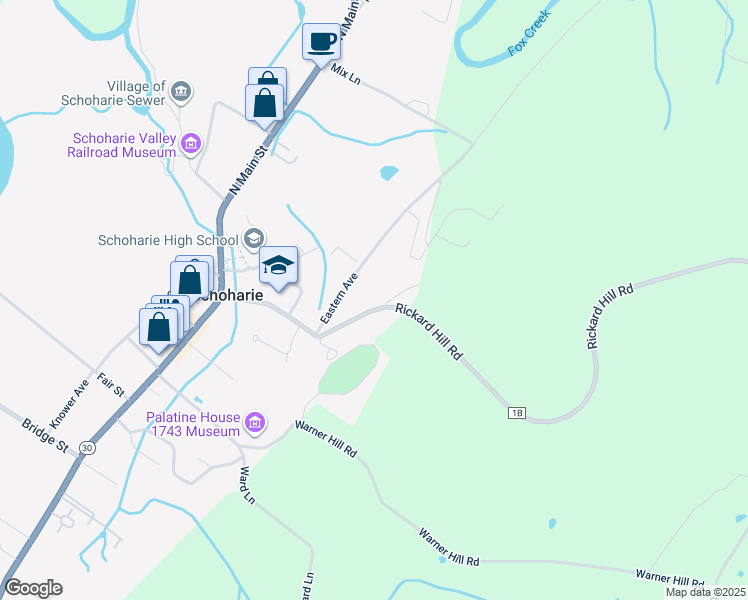 map of restaurants, bars, coffee shops, grocery stores, and more near 177 Prospect Street in Schoharie