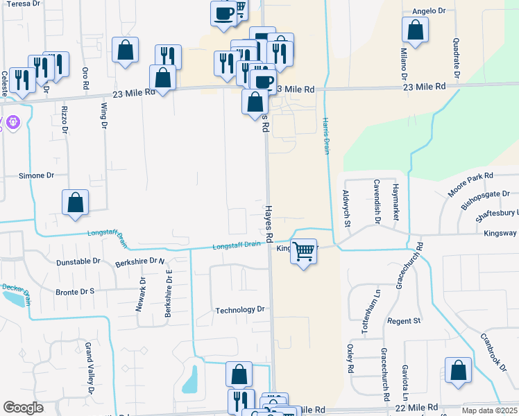 map of restaurants, bars, coffee shops, grocery stores, and more near 50237 Hayes Road in Shelby Charter Township