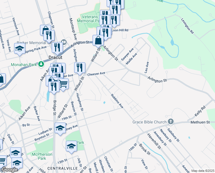 map of restaurants, bars, coffee shops, grocery stores, and more near 675 Robbins Avenue in Dracut