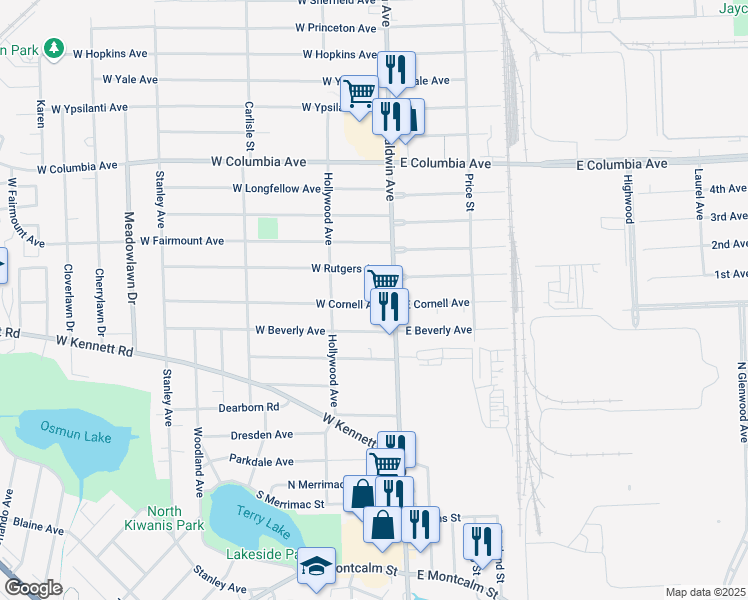 map of restaurants, bars, coffee shops, grocery stores, and more near 24 West Cornell Avenue in Pontiac