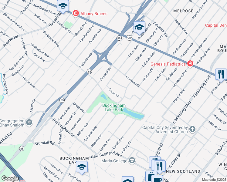 map of restaurants, bars, coffee shops, grocery stores, and more near 9 Circle Lane in Albany