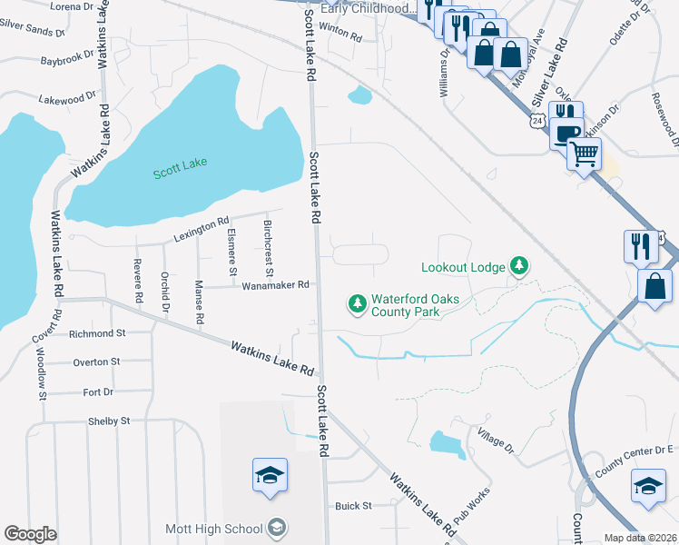 map of restaurants, bars, coffee shops, grocery stores, and more near 1808 Colonial Village Way in Waterford Township
