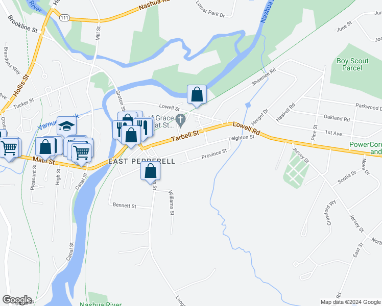 map of restaurants, bars, coffee shops, grocery stores, and more near 18 Leighton Street in Pepperell