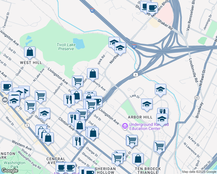 map of restaurants, bars, coffee shops, grocery stores, and more near 281 Northern Boulevard in Albany