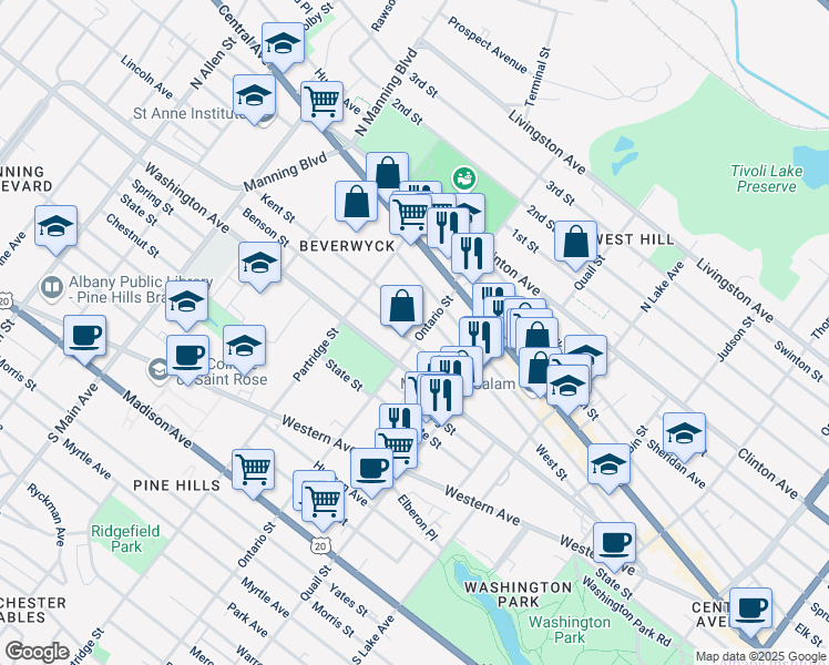 map of restaurants, bars, coffee shops, grocery stores, and more near 59 Benson Street in Albany