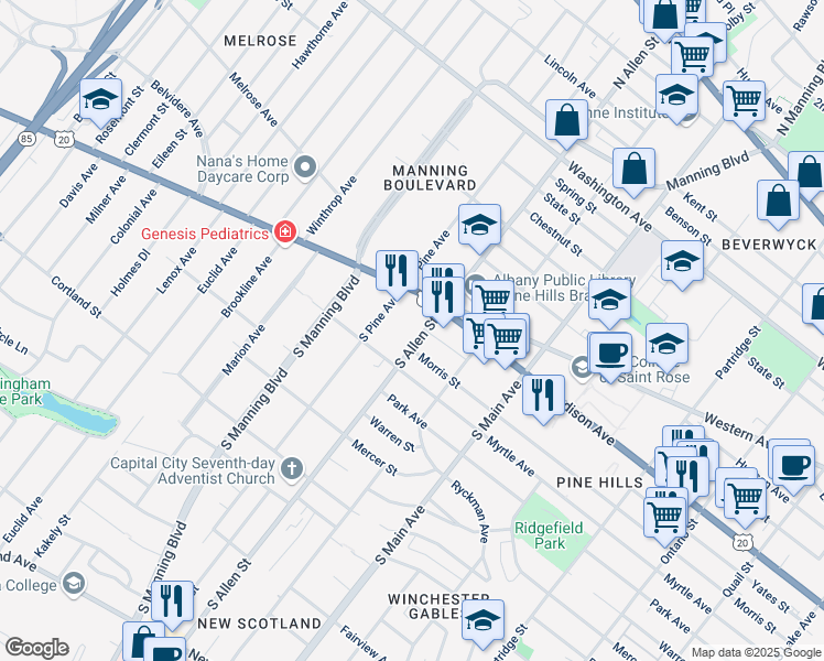 map of restaurants, bars, coffee shops, grocery stores, and more near 29 South Pine Avenue in Albany