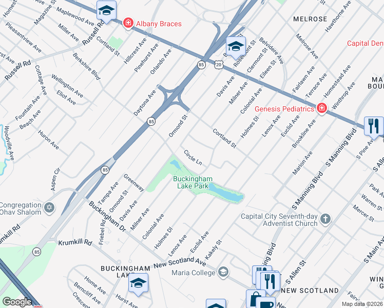 map of restaurants, bars, coffee shops, grocery stores, and more near 11 Circle Lane in Albany