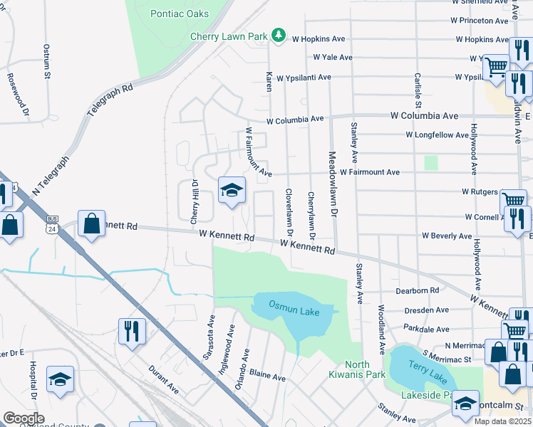 map of restaurants, bars, coffee shops, grocery stores, and more near 94 Stegman Lane in Pontiac