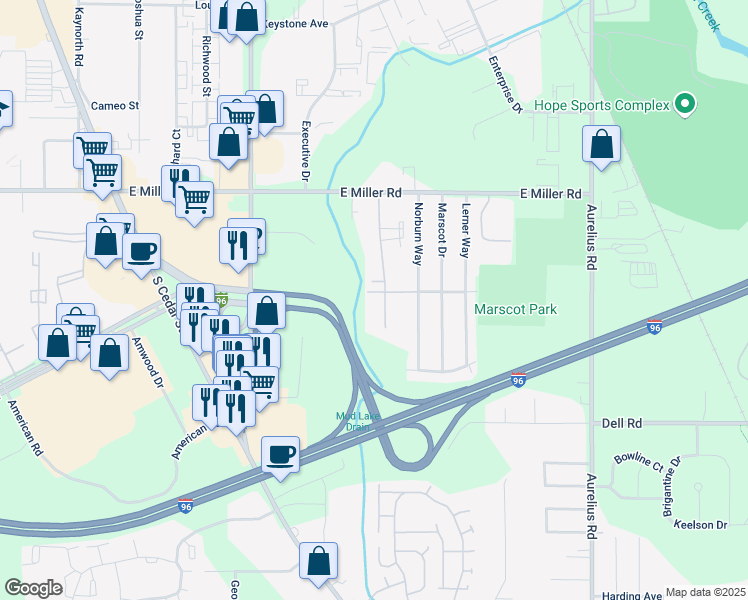 map of restaurants, bars, coffee shops, grocery stores, and more near 6256 Beechfield Drive in Lansing