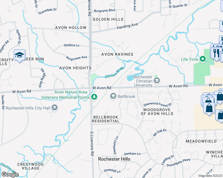 map of restaurants, bars, coffee shops, grocery stores, and more near 915 West Avon Road in Rochester Hills
