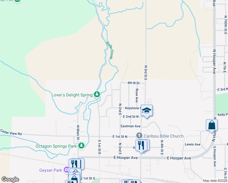 map of restaurants, bars, coffee shops, grocery stores, and more near 390 Monsanto Boulevard in Soda Springs